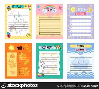 Baby daily planners with cute patterns set. Vector illustrations of memo for organized diary. Paper sheets with to do list, birthday dreams, calendar isolated on white. Printable kids planner concept. Baby daily planners with cute patterns set