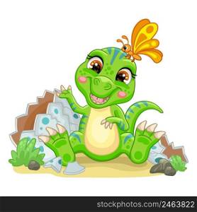 Baby dinosaur tyrannosaurus sitting with egg on nature. Cute cartoon character. Vector isolated illustration. For print, design, advertising, cards,stationery, t-shirt, textiles, decor, sublimation. Cute cartoon baby tyrannosaurus with egg vector illustration
