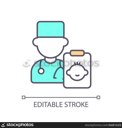 Baby doctor RGB color icon. Pediatrician office. Doctor patient communication. Pediatric care. Child friendly. Isolated vector illustration. Simple filled line drawing. Editable stroke. Baby doctor RGB color icon