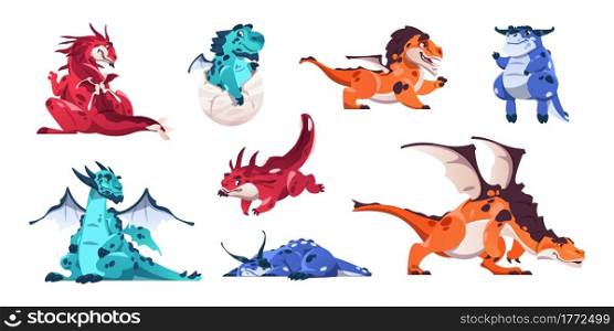 Baby dragon. Cartoon fairytale animals. Cute fictional dinosaurs in various poses. Mythological flying reptiles with wings. Isolated funny monster hatches from egg. Vector cheerful magic creatures set. Baby dragon. Cartoon fairytale animals. Fictional dinosaurs in various poses. Mythological flying reptiles with wings. Funny monster hatches from egg. Vector cheerful magic creatures set