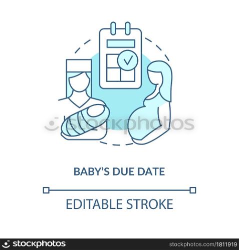 Baby due date blue concept icon . Calculate day of labor abstract idea thin line illustration. Predict childbirth. Maternity allowance. Vector isolated outline color drawing. Editable stroke. Baby due date blue concept icon