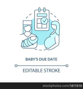 Baby due date blue concept icon . Calculate day of labor abstract idea thin line illustration. Predict childbirth. Maternity allowance. Vector isolated outline color drawing. Editable stroke. Baby due date blue concept icon
