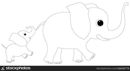 baby elephant cheerfully follows the elephant. Coloring book page template for children. Vector illustration EPS 10.