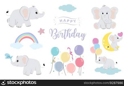 Baby elephant object with balloon, rainbow, moon for birthday postcard