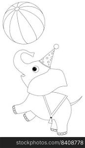 Baby elephant plays with a ball in the circus. Coloring book page template for children. Vector illustration EPS 10.