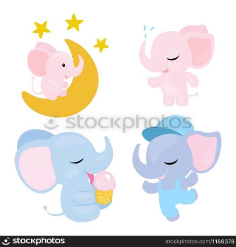 Baby elephant set with sweet heart boys and girls. Cartoon vector illustration.