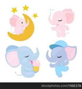 Baby elephant set with sweet heart boys and girls. Cartoon vector illustration.