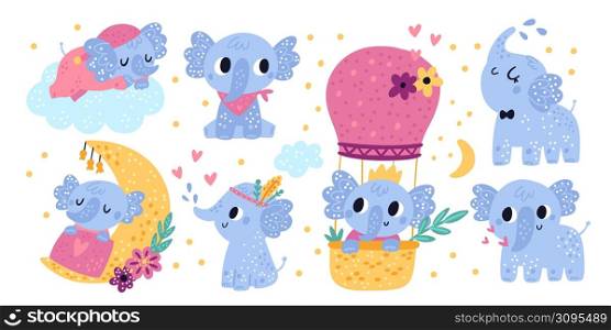 Baby elephants characters. Cute funny kids animals. Different poses and actions. Happy creature takes shower or sleeping on cloud. Hot air balloon flight. Dreaming cub. Vector lovely little mammal set. Baby elephants characters. Cute kids animals. Different poses and actions. Happy creature takes shower or sleeping on cloud. Hot air balloon flight. Dreaming cub. Vector lovely mammal set