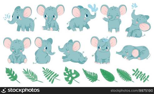 Baby elephants. Cute cartoon animal and tropical leaves. Baby shower elephant sleeps, sits and does water jet. Nursery decoration vector set for birthday invitation and greeting card. Baby elephants. Cute cartoon animal and tropical leaves. Baby shower elephant sleeps, sits and does water jet. Nursery decoration vector set