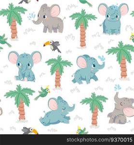 Baby elephants seamless pattern. Cartoon elephants in jungle with palm and parrots. Nursery fabric print with tropical animal vector texture. Beautiful mammal with water jet, flying bird. Baby elephants seamless pattern. Cartoon elephants in jungle with palm and parrots. Nursery fabric print with tropical animal vector texture