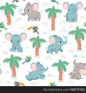 Baby elephants seamless pattern. Cartoon elephants in jungle with palm and parrots. Nursery fabric print with tropical animal vector texture. Beautiful mammal with water jet, flying bird. Baby elephants seamless pattern. Cartoon elephants in jungle with palm and parrots. Nursery fabric print with tropical animal vector texture