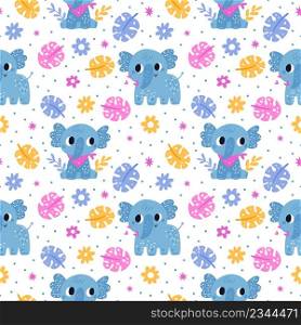 Baby elephants seamless pattern. Cute little animals with color monstera leaves. Tropical creatures. Jungle foliage and flowers. Funny nursery kids wallpapers with fauna. Vector cartoon background. Baby elephants seamless pattern. Little animals with color monstera leaves. Tropical creatures. Jungle foliage and flowers. Funny nursery kids wallpapers with fauna. Vector background