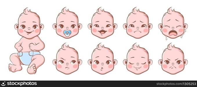 Baby emotions. Cute children emotions laughing and crying, smiling and angry. Baby, newborn portrait face emoji, vector different expression of characters set. Baby emotions. Cute children emotions laughing and crying, smiling and angry. Baby, newborn portrait face emoji, vector characters set