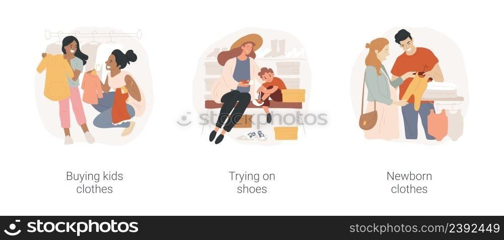 Baby fashion isolated cartoon vector illustration set. Buying kids clothes, trying on shoes, newborn clothes, apparel collection, shopping center, happy family, retail store vector cartoon.. Baby fashion isolated cartoon vector illustration set.