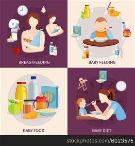 Baby Feeding 4 Flat Icons Square. Healthy food choice for babies and toddlers 4 flat icons square composition banner abstract isolated vector illustration