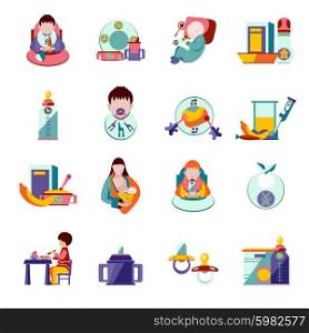 Baby feeding and nutrition flat icons set isolated vector illustration. Baby Feeding Icons