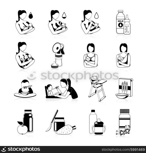 Baby Feeding Black Icons Set. Newborn babies breast and bottle feeding and toddlers food formula black icons set abstract isolated vector illustration