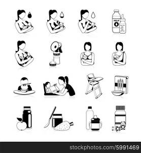 Baby Feeding Black Icons Set. Newborn babies breast and bottle feeding and toddlers food formula black icons set abstract isolated vector illustration
