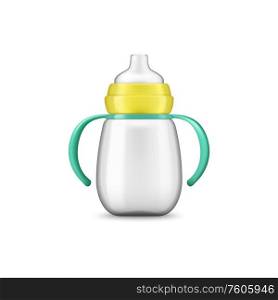 Baby feeding bottle with milk isolated dairy food. Vector breastfeeding concept, container with nipple. Nursing bottle with handle isolated kids milk food