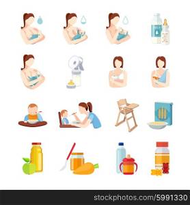Baby Feeding Flat Icons Set. Babies breastfeeding positions and toddlers milk formula feeding with spoon flat icons set abstract isolated vector illustration