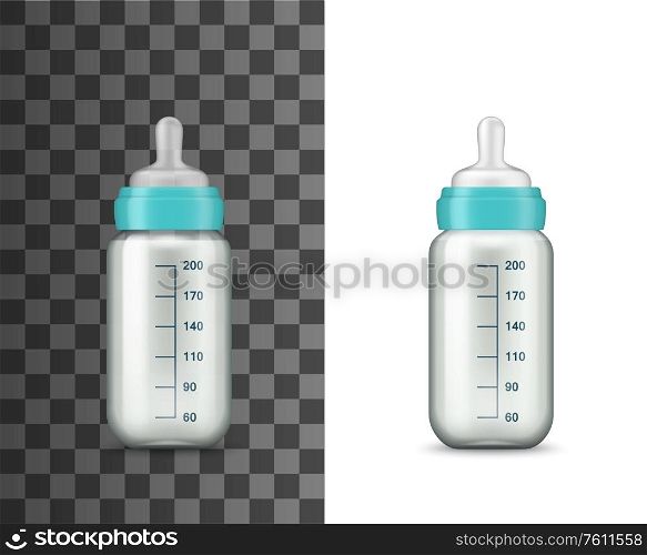 Baby feeding milk bottle, vector realistic 3D mockup template. Newborn baby care, milk feeding bottle with child nutrition liquid, pacifier, blue color cap and volume measure scale. Realistic baby feeding bottle mockup