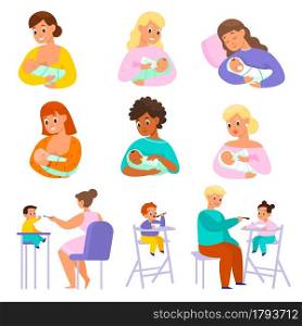 Baby feeding. Parents give kids and newborns food in different ways, milk bottles, breastfeeding, toddlers sit on high chairs. Parent care and love, happy motherhood vector cartoon flat isolated set. Baby feeding. Parents give kids and newborns food in different ways, milk bottles, breastfeeding, toddlers sit on high chairs. Parent care and love, happy motherhood. Vector cartoon set