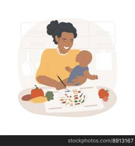 Baby food chart isolated cartoon vector illustration. Young mom making a baby food chart, food habits, people, healthy lifestyle, balanced diet for kid, nutrition for toddler vector cartoon.. Baby food chart isolated cartoon vector illustration.
