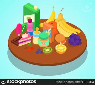 Baby food concept banner. Isometric banner of baby food vector concept for web, giftcard and postcard. Baby food concept banner, isometric style