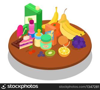 Baby food concept banner. Isometric banner of baby food vector concept for web, giftcard and postcard. Baby food concept banner, isometric style