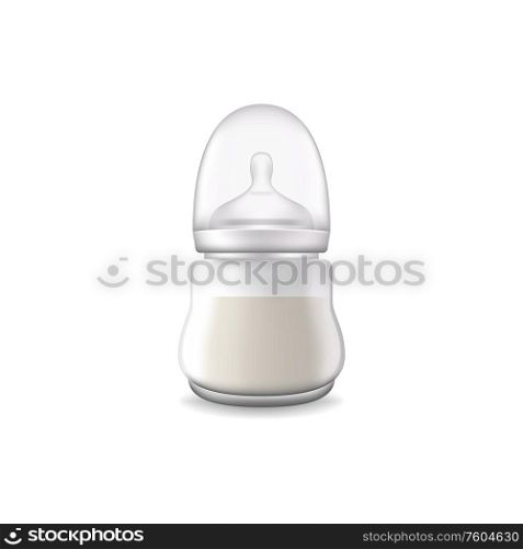 Baby food, isolated milk bottle with cover and pacifier. Vector breastfeeding, sterile container. Milk bottle, newborn baby food. Cover and pacifier