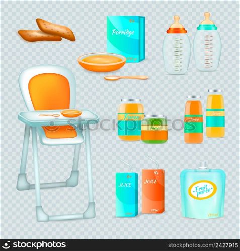Baby food realistic 3d transparent collection of isolated essential elements for feeding infant with high chair vector illustration. Feeding Infant Transparent Set