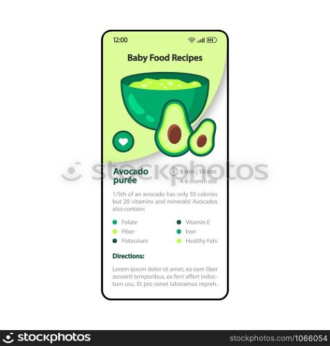 Baby food recipes smartphone interface vector template. Mobile cooking app page green and white design layout. Avocado puree screen. Flat UI for application. Healthy meal cooking. Phone display