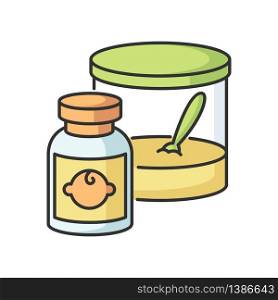 Baby food RGB color icon. Instant formula for infants. Healthcare for newborn kids. Feeding item in jar for toddler. Breakfast on container. Nutritious lunch for babies. Isolated vector illustration. Baby food RGB color icon