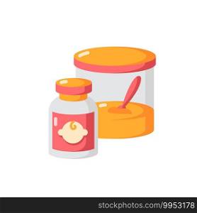 Baby food vector flat color icon. Instant formula for infants. Healthcare for newborn kids. Feeding item in jar for toddler. Cartoon style clip art for mobile app. Isolated RGB illustration. Baby food vector flat color icon