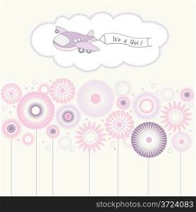 baby girl announcement card with airplane