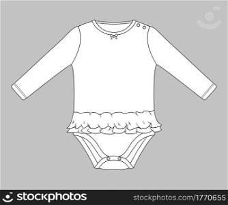 baby girl bodysuit with ruffle trimming at waist and press studs on shoulder. Flat sketch template isolated on grey background