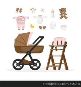Baby girl care items. Isolated vector illustration