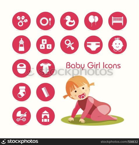 Baby girl crawling and icons set