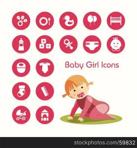 Baby girl crawling and icons set