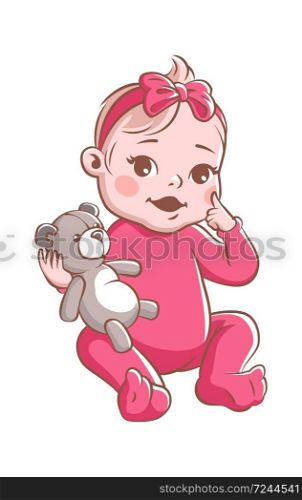 Baby girl. Cute infant with bear toy, smiling toddler in pink clothes sitting. Happy child vector illustration isolated on white background. Baby girl. Cute infant with toy, smiling toddler in pink clothes sitting. Happy child vector illustration isolated on white