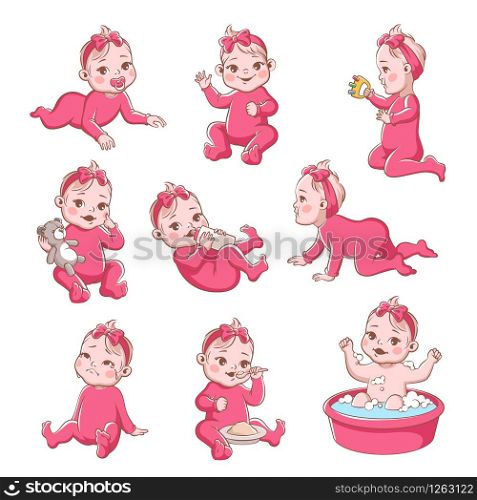 Baby girl. Cute infant with different emotions happy child, crying girls, smiling toddler sitting, playing and crawling vector newborn characters and expressions. Baby girl. Cute infant with different emotions happy child, crying girls, smiling toddler sitting, playing and crawling vector characters