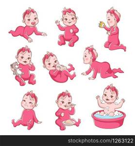 Baby girl. Cute infant with different emotions happy child, crying girls, smiling toddler sitting, playing and crawling vector newborn characters and expressions. Baby girl. Cute infant with different emotions happy child, crying girls, smiling toddler sitting, playing and crawling vector characters