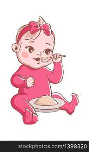 Baby girl eating. Cute newborn and healthy food from plate, isolated vector nutrition of happy child. Baby girl eating. Cute newborn and healthy food from plate, isolated vector happy child