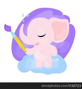 Baby girl elephant holding a brush in her trunk. Cartoon vector illustration.