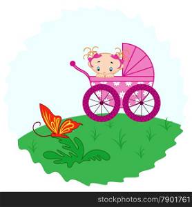 Baby girl from pram watching a butterfly, hand drawing vector illustration