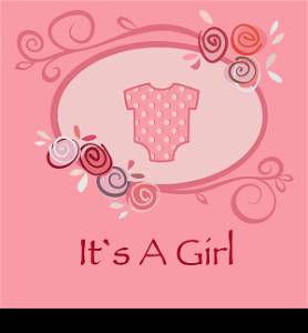 Baby girl greeting and announcement postcard with pink suit for newborns and floral frame. Vector eps10 illustration