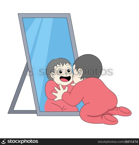 baby girl is happy playing in front of the mirror. vector design illustration art