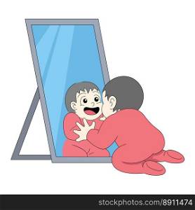 baby girl is happy playing in front of the mirror. vector design illustration art