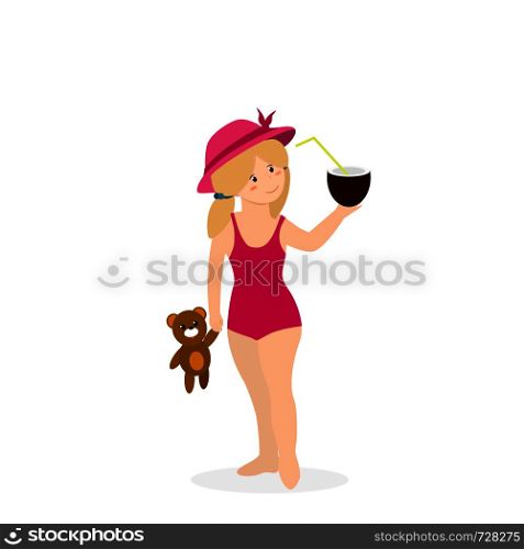 Baby Girl on Beach, Happy Kid in Swim Suit and Hat. Smiling Child with Bear Toy and Coco Nut Cocktail on Seaside Isolated on White Background. Cartoon Flat Vector Illustration, Clip Art. Baby Girl in Swimming Suit Isolated Clip Art.