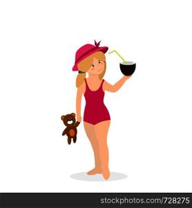 Baby Girl on Beach, Happy Kid in Swim Suit and Hat. Smiling Child with Bear Toy and Coco Nut Cocktail on Seaside Isolated on White Background. Cartoon Flat Vector Illustration, Clip Art. Baby Girl in Swimming Suit Isolated Clip Art.